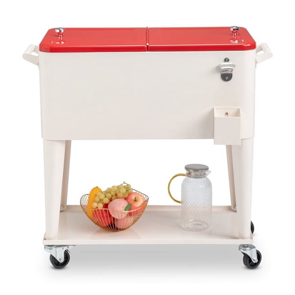 Milk&nbsp;White&nbsp;and&nbsp;Red Insulated Cooler Cart – 80QT Frozen Storage Box with Locking Casters, Stainless Steel Bottle Opener, Indoor/Outdoor Use for Parties, Camping