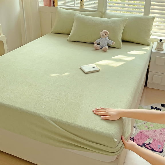 Milk velvet solid color bed hat for 25~30cm mattress, elastic bed hat for single double children's bed (90x200cm bean green)