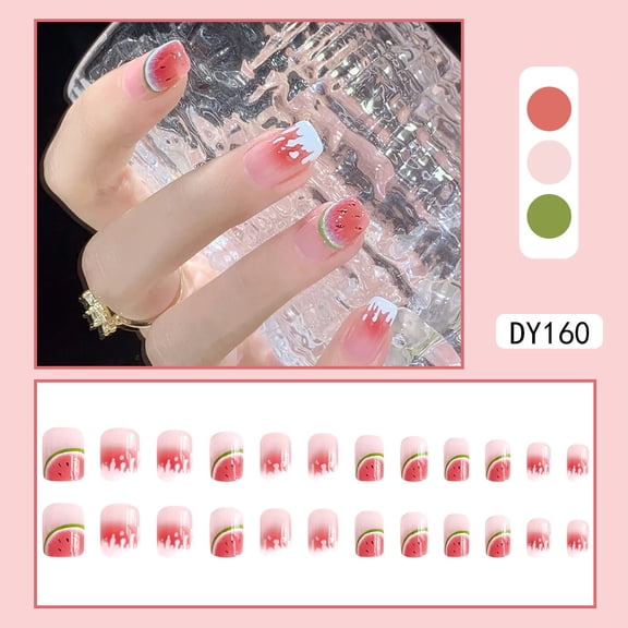 Milk watermelon sweet fun manicure short nail, refreshing summer wear nail round head nail 24 pieces finished nail patch