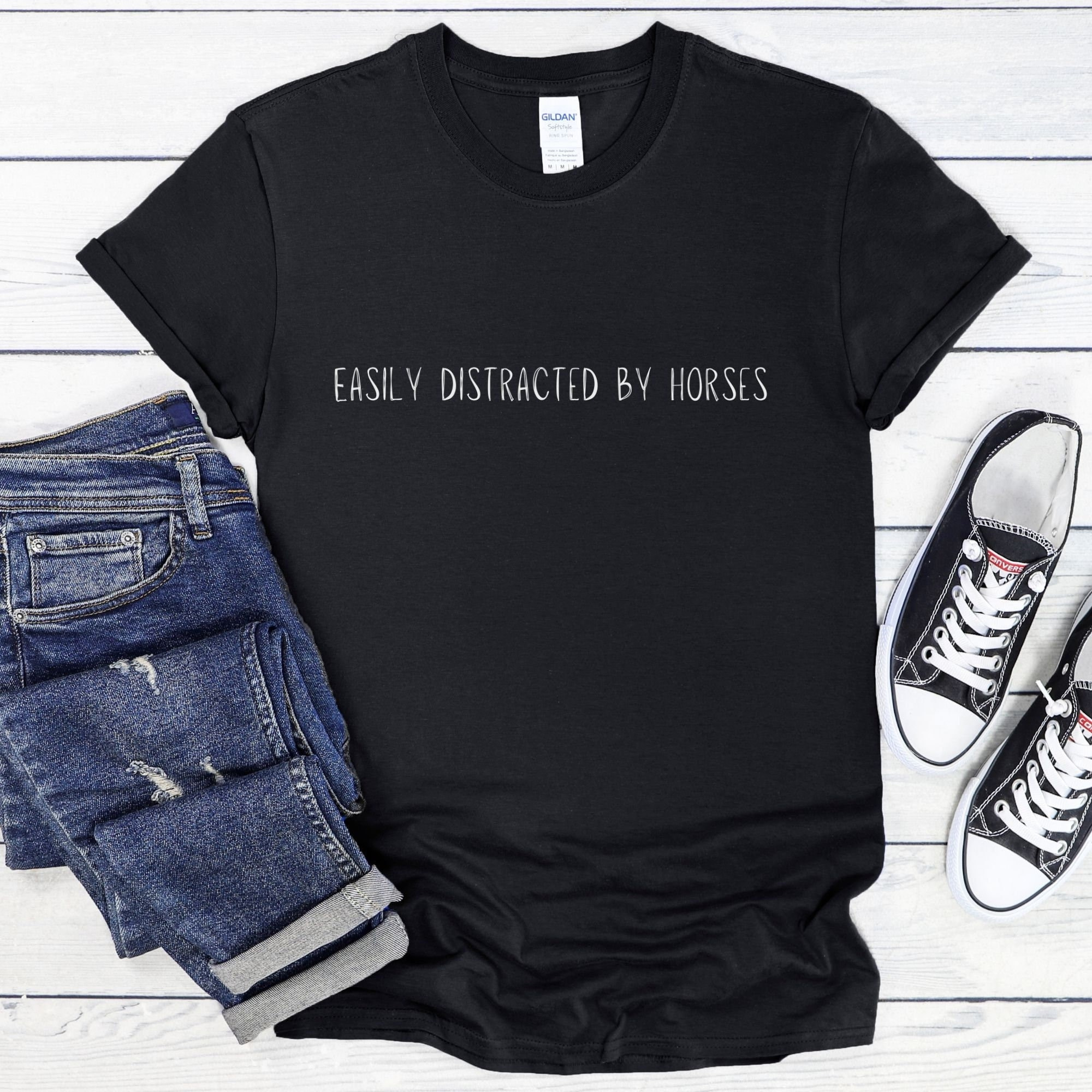 MilkCho Easily Distracted By Horses T Shirt, Horse Lover TShirt, Equestrian T-Shirt, Horse Riding Shirt, Fun & Casual Tee for Horse Lovers