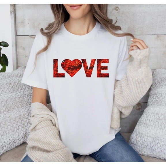 MilkCho Faux Sequin LOVE Heart T-Shirt - Cute Valentine’s Day Gift for Her - Soft Cotton Tee for Women