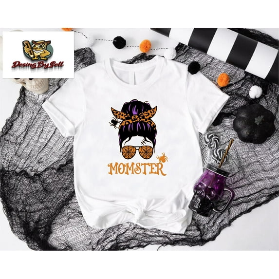 MilkCho Halloween Mom Shirt,Momster Shirt,Halloween Mom Gift, Messy Bun Shirt,Momster T-Shirt,Halloween Family,Spooky Mom Shirt