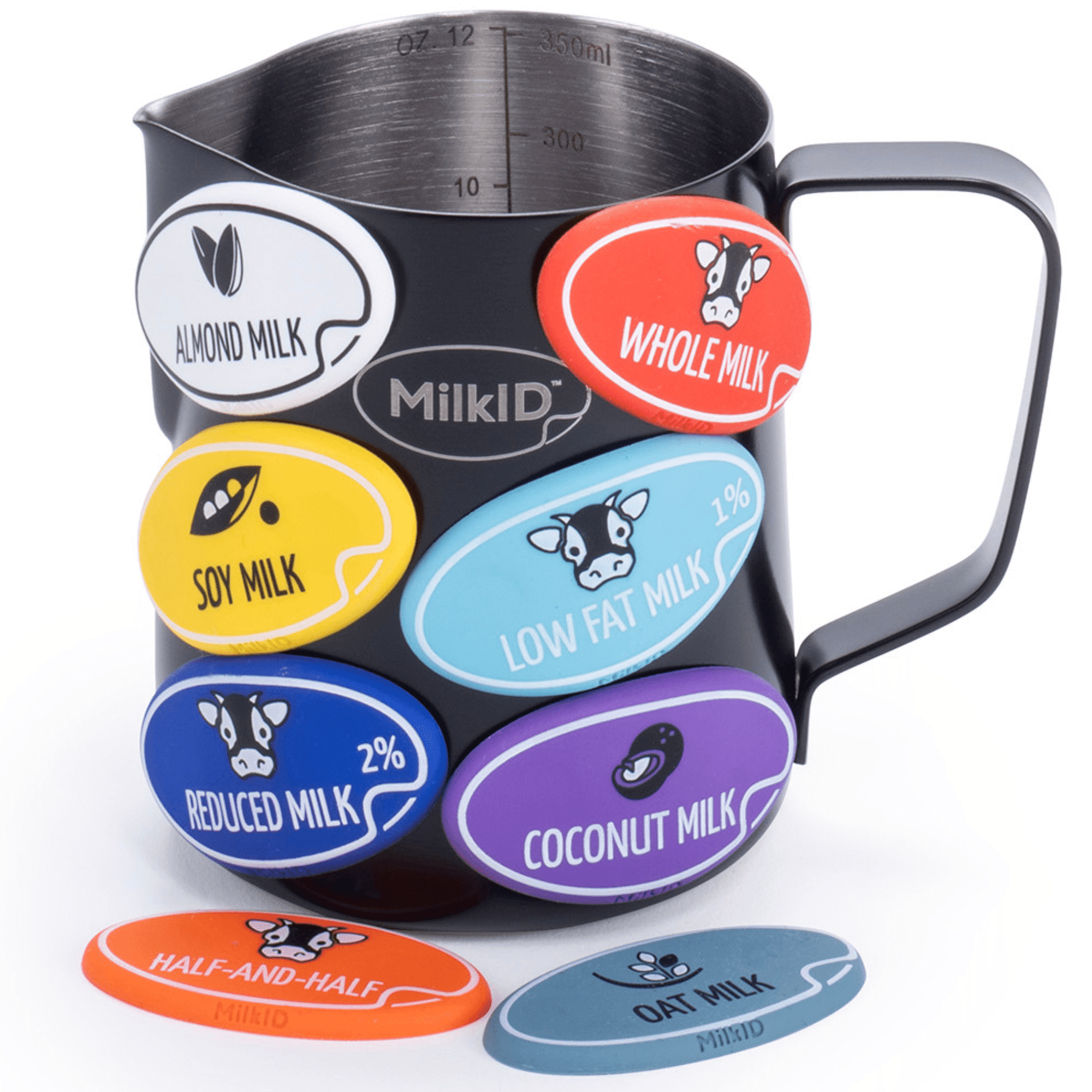 MilkID 12oz Black Milk Frothing Pitcher with 8 Allergen Silicone Snap ...
