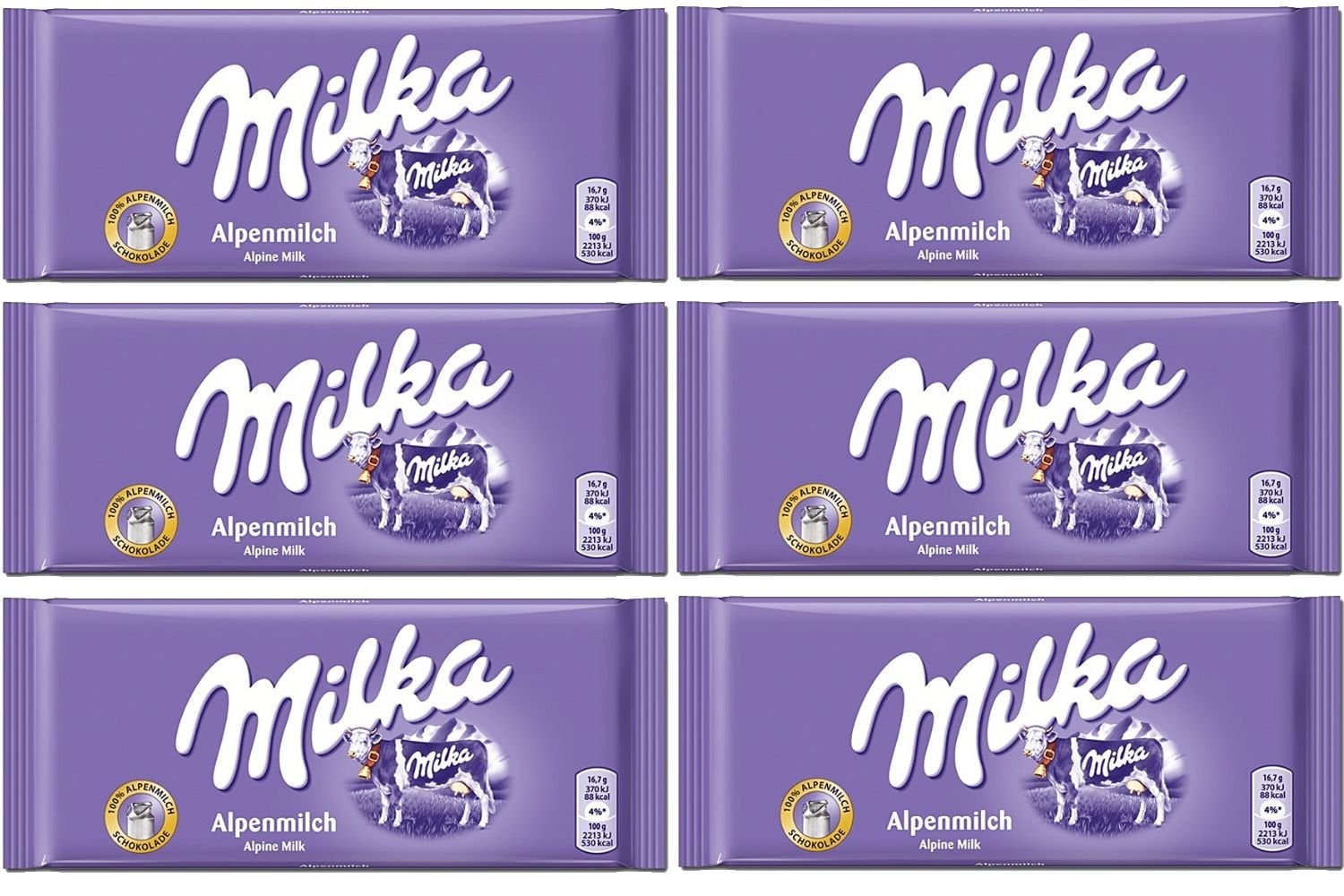 Milka Alpenmilch Alpine Milk Chocolate Bar, 100g Pack of 6, Made