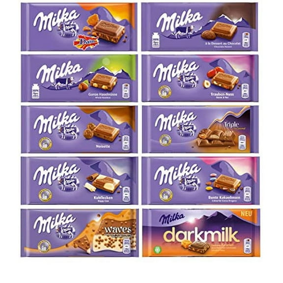 Milka Chocolate Assortment Variety .. Pack of 10 Full .. Size Bars - Randomly .. Selected No Duplicates