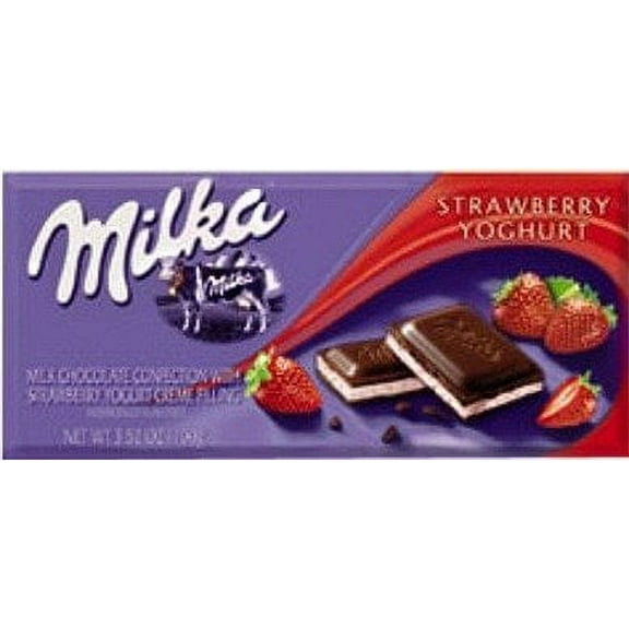 Milka Milk Chocolate Filled with Strawberry and Yogurt, (100g) 3.52 Oz