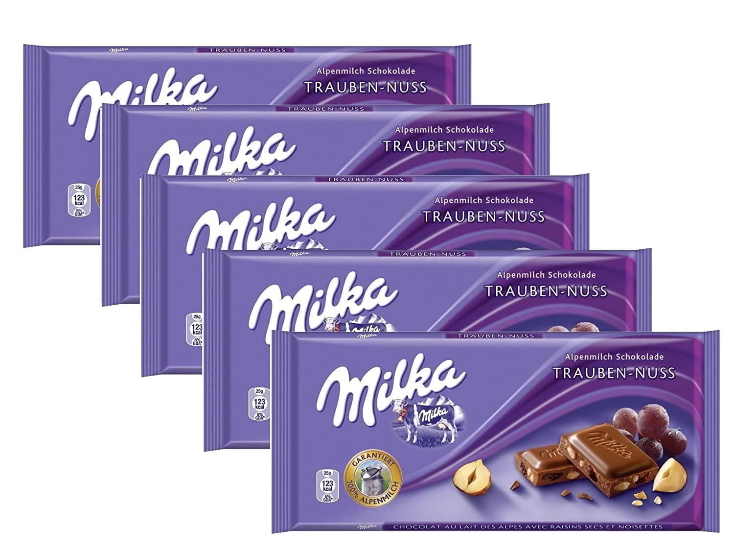 Milka Trauben-Nuss Milk Chocolate, 100g/3.5oz (RAISIN & NUT, PACK OF 5)