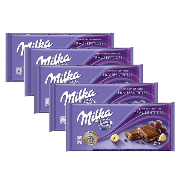 Milka Trauben-Nuss Milk Chocolate, 100g/3.5oz (RAISIN & NUT, PACK OF 5)