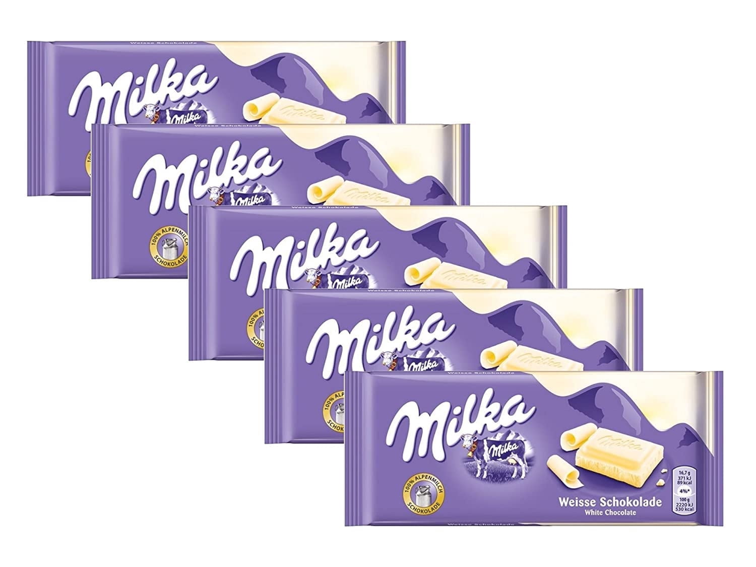 Milka White Chocolate, 100g / 3.5oz (WHITE, PACK OF 5