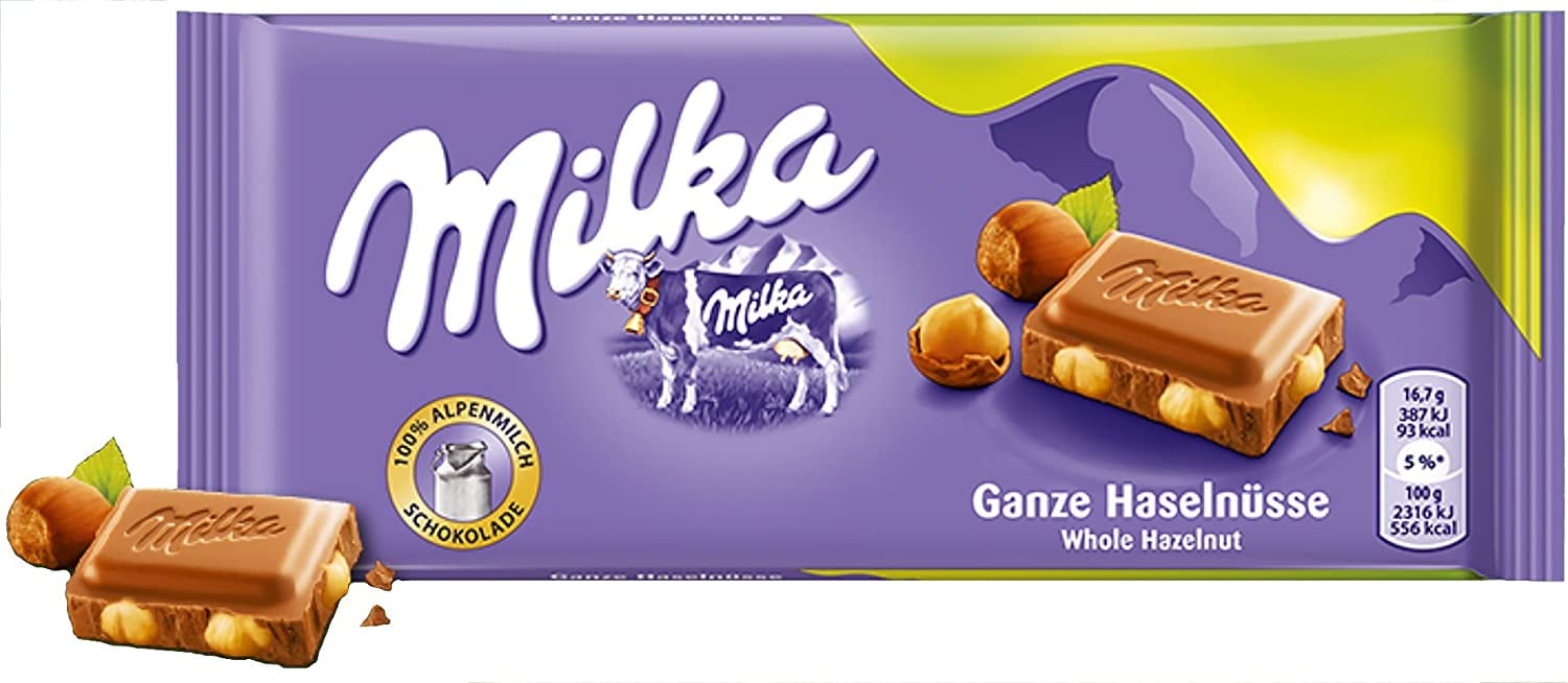 Milka Whole Haselnuts Chocolate Bar Candy Original German Chocolate  100g/3.52oz