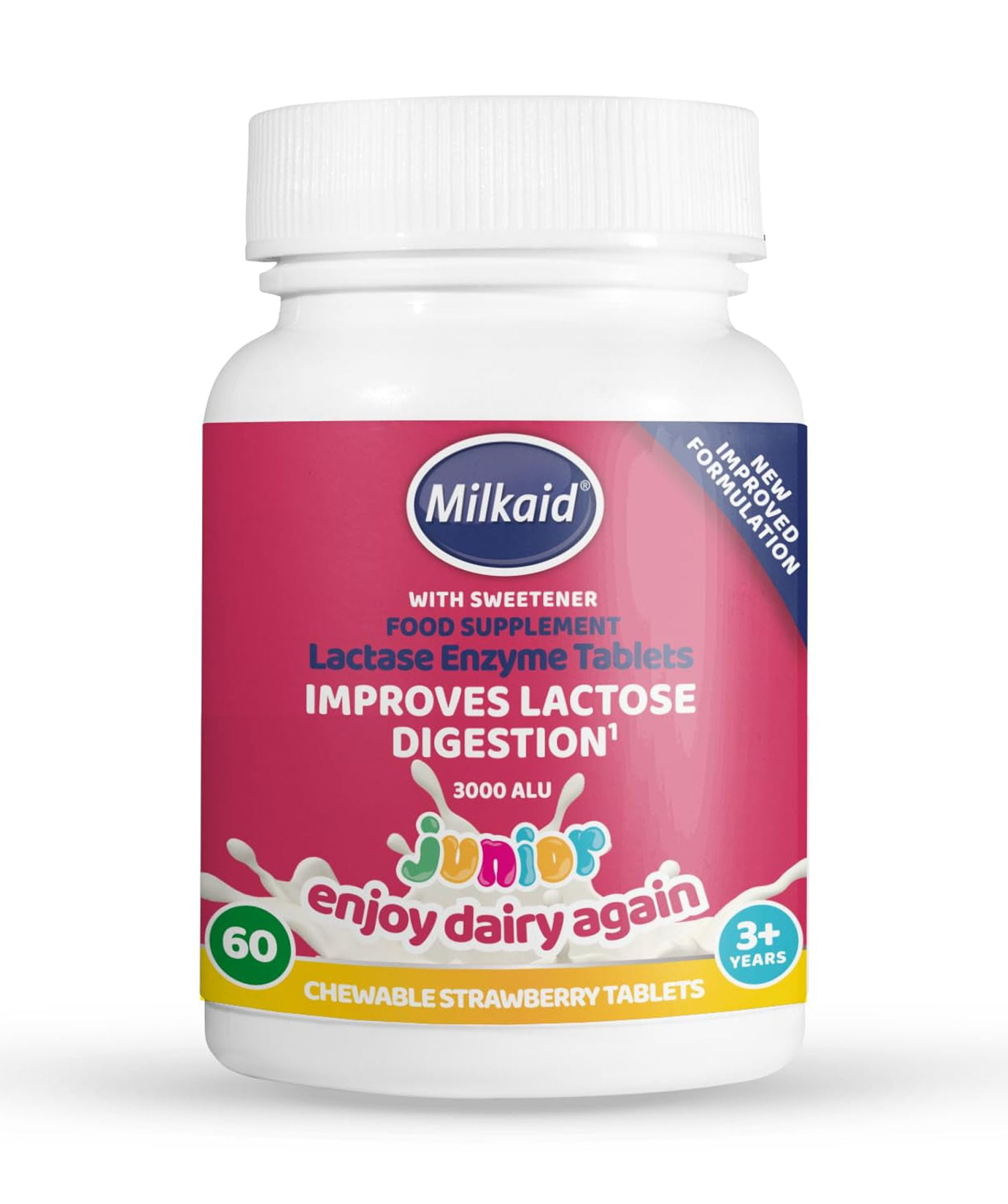 Milkaid Junior Lactase Enzyme Chewable Tablets for Lactose Intolerance | Prevents Gas, Bloating, Diarrhea in Children| Fast Acting Dairy Digestive Supplement for Kids| Strawberry Flavor | 60 ct (1)