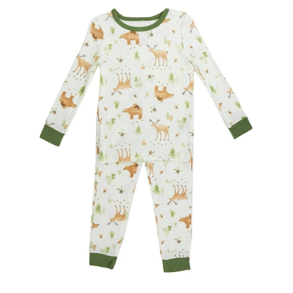 Milkberry Soft Bamboo Pajamas Infant Pajama Set for Boys w/ Matching Socks in White Woodland Bears and Deers Pattern - Size 12 Months