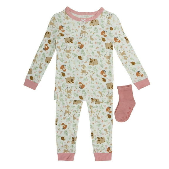 Milkberry Soft Bamboo Pajamas Infant Pajama Set for Girls w/ Matching Socks in Pink Woodland Bears and Deers Pattern - Size 18 Months
