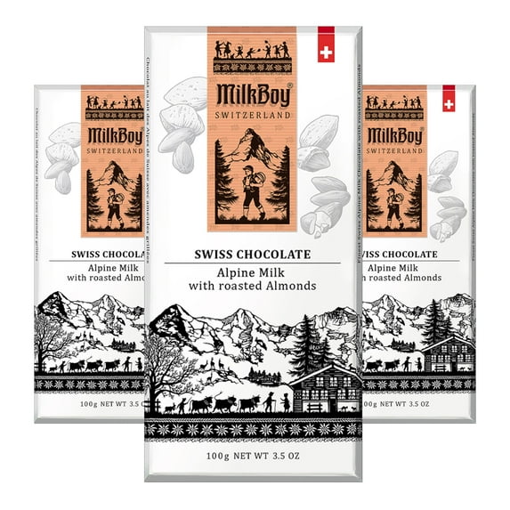 Milkboy Swiss Almond Chocolate Bars - Premium Swiss Alpine Milk Chocolate with Almonds - All Natural, Gluten-Free, Non-GMO - Made in Switzerland, Kosher - 3.5 oz, Pack of 3