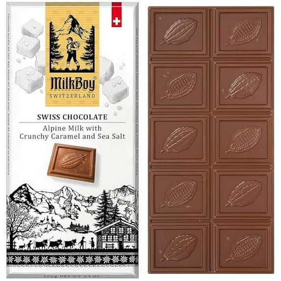 Milkboy Swiss Milk Chocolates - Alpine Milk Chocolate Bars with Crunchy Caramel Sea Salt - Gluten-Free Non-GMO All Natural - Made in Switzerland - 3.5 oz, 3 Pack
