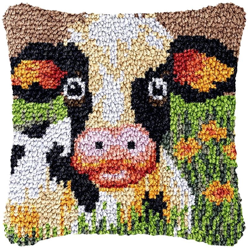 Milkcow with Flowers Latch Hook Pillow Cover Kits for DIY Handmade Throw Pillow Cross Stitch Latch Hook Pillowcase Rug Kits with Preprinted Color Pattern Canvas Crochet Yarn Kits 17''X 17''(ch56)