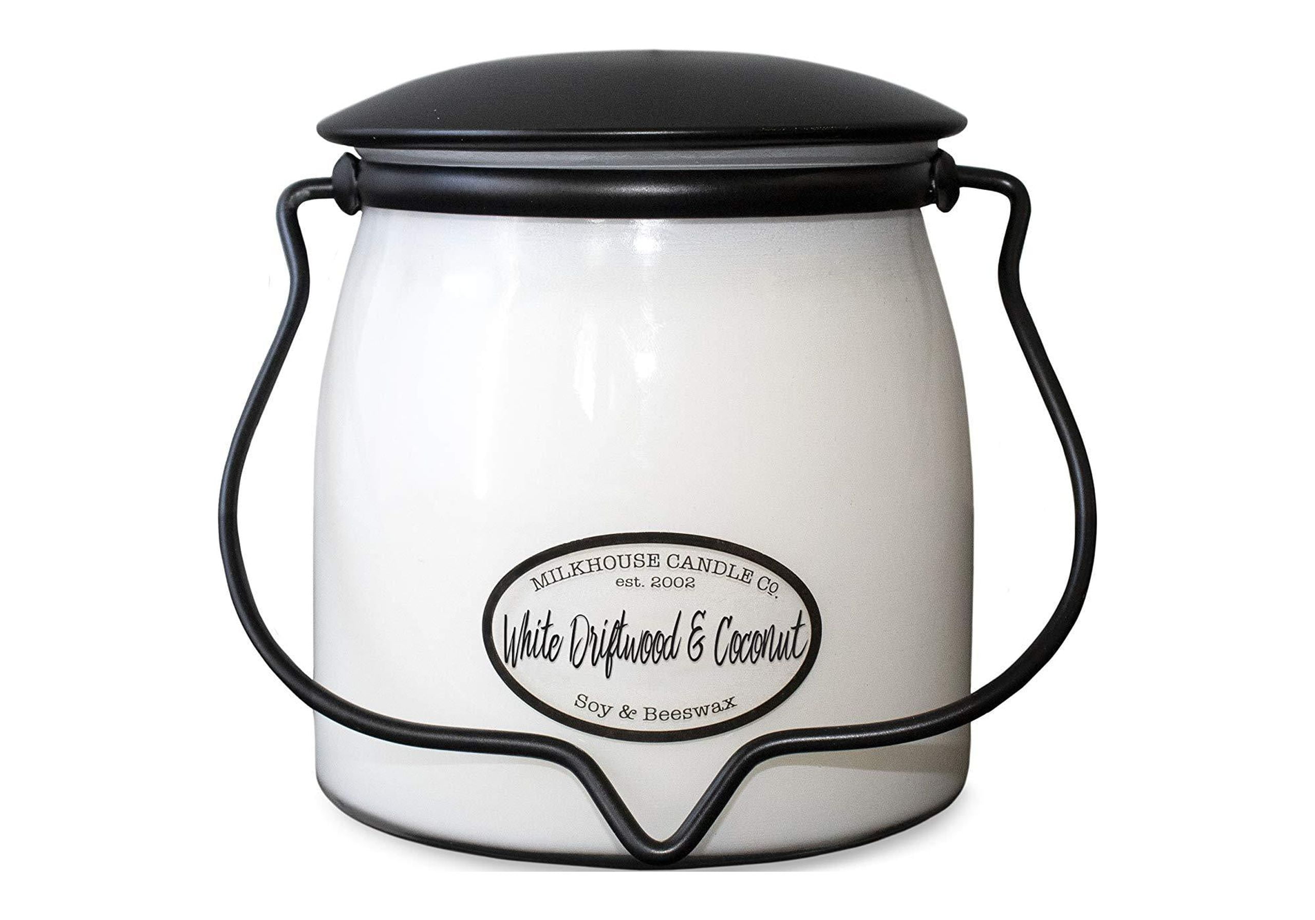 Milkhouse Candle Company, White Driftwood & Coconut, Creamery Collection, Scented Soy Candle, Butter Jar, 16oz