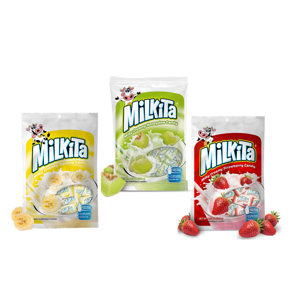 Milkita Honeydew Banana Strawberry Candy Shake Gluten Free Calcium and Real Milk Individually Wrapped Candy 3 Pack
