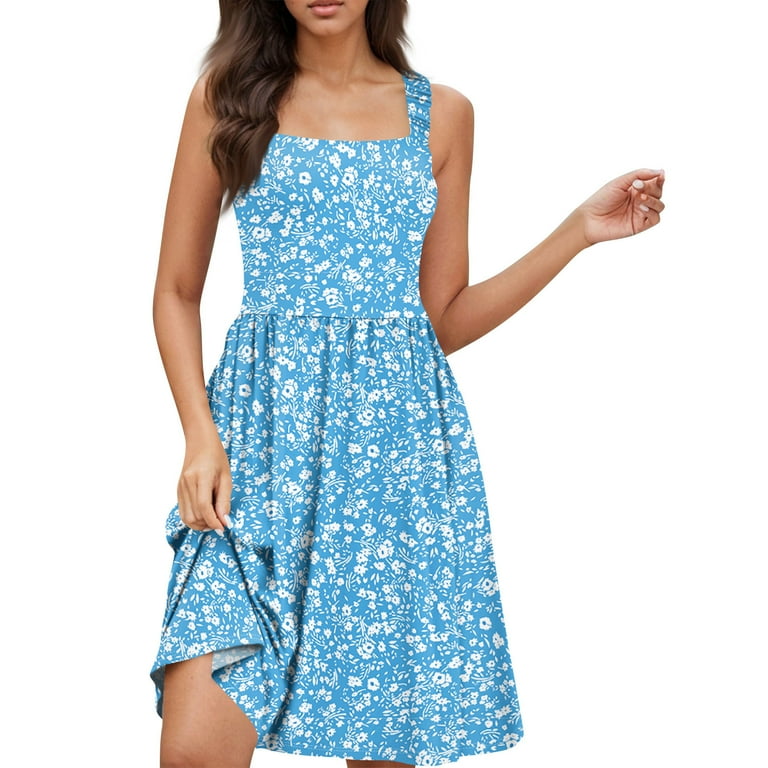 Milkmaid Dress Women, Casual Beach Vacation Sundress Square Neck With  Pockets Floral High Waisted A Line Mini Tank Dress Gold Leopard Dress  Graduation For Women Dresses Cocktail (L, Sky Blue) ZMTing -