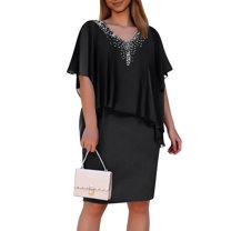 Milkmaid Dress Women, Chiffon Plus Size Summer Solid Color V Neck Mid Sleeve Casual Dress For Women Over 50 Maternity Dress Tie Dye Dresses Halter Spring Dresses Outfits (4XL, Black) ZMTing