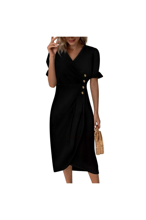 Milkmaid Dress Women, Formal Wedding Guest Elegant Classy Wrap V Neck Prom Dress Cotton Dresses For Women Linen Summer Dresses 2024 Cocktail Dresses Black Tie Dress (XXL, Black) ZMTing