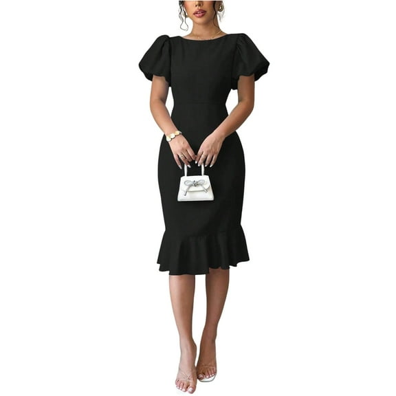 Milkmaid Dress Women, Wedding Guest Round Neck Puff Sleeve Ruffle Sexy Elegant Fish Tail Dress Long Sweater Bridal Shower Dresses For Bride Dresses Cocktail Dresses Maxi (M, Black) ZMTing