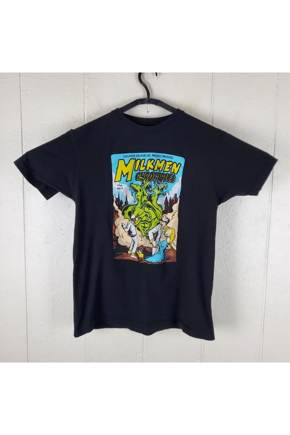 Milkmen Chronicles Shirt Mens Large Black Graphic Crew Neck Short Sleeve Stretch