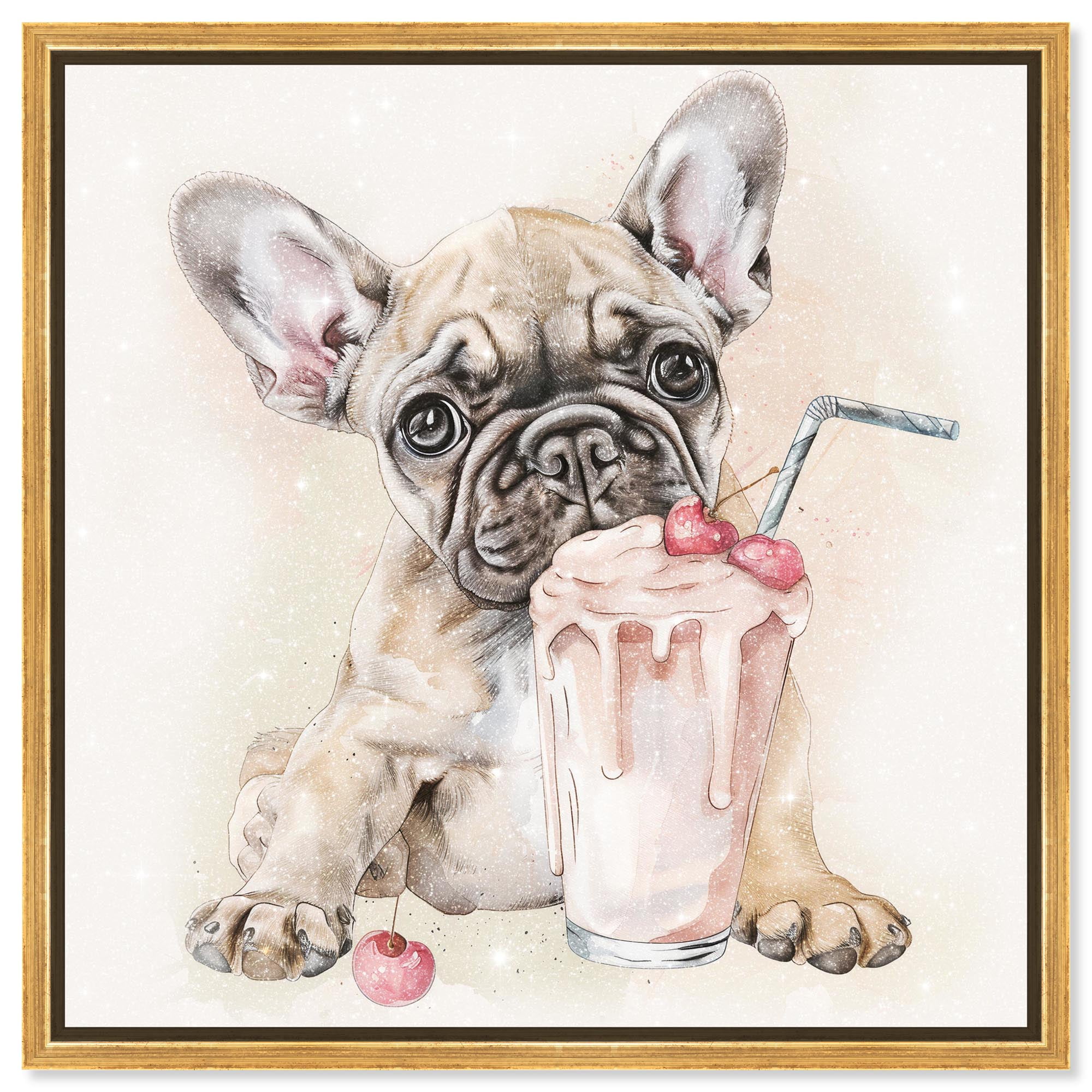 Milkshake Frenchie Canvas Kids Art Prints by Art Remedy, Gold Frame, 24