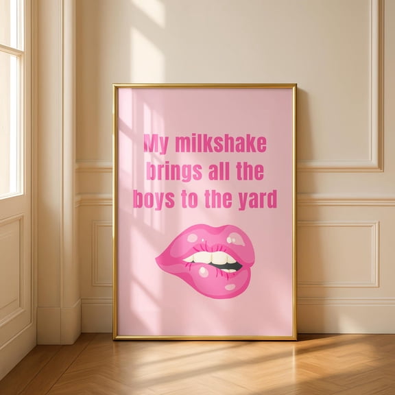 Milkshake Lyric Poster, Pink Lips Wall Art, 90s Music Print, Dopamine Decor Print, Minimalist Pink Wall Art, Funny Quote Poster
