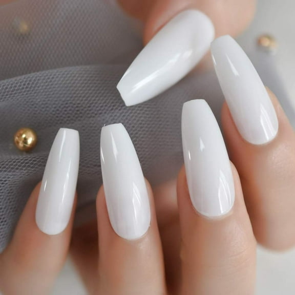 White Press On Nails, Extra Long Coffin Ballerina False Tips Glue On Artificial Fake Nails Set