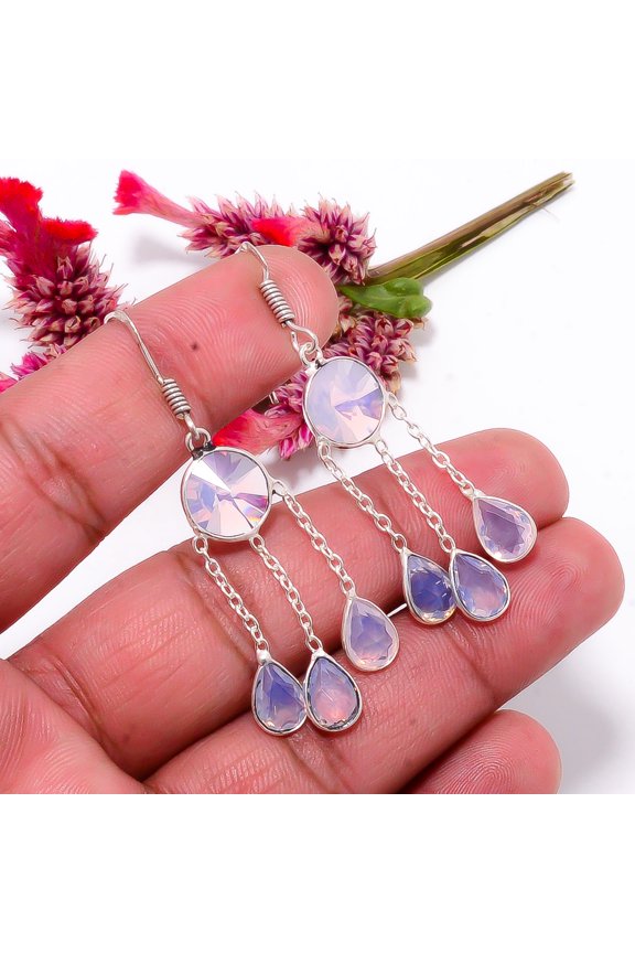 Milky Opal Gemstone 925 Sterling Silver Handmade Earring 2.11" E128