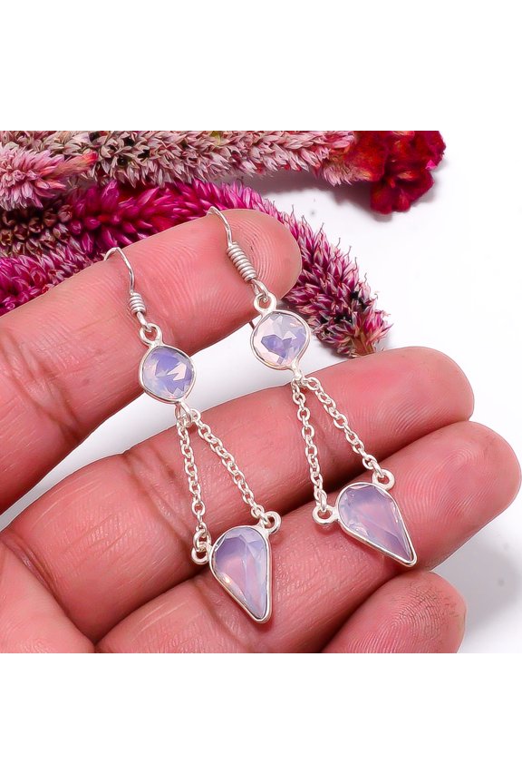 Milky Opal Gemstone 925 Sterling Silver Handmade Earring 2.34" E349