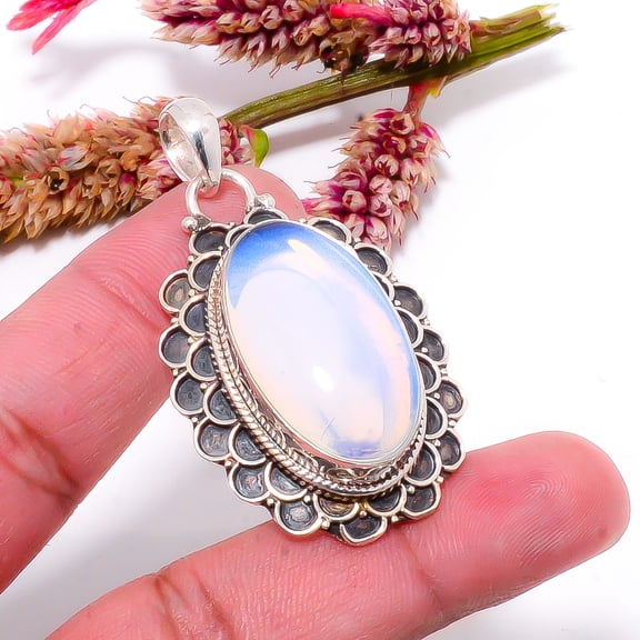Milky Opal Gemstone 925 Sterling Silver Jewelry Handmade Bali Pendant 1.95" Sku6, White Pendant, Gemstone Pendant