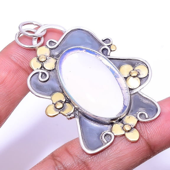 Milky Opal Oxidised Two Tone Designer 925 Sterling Silver Pendant 2.34" P71