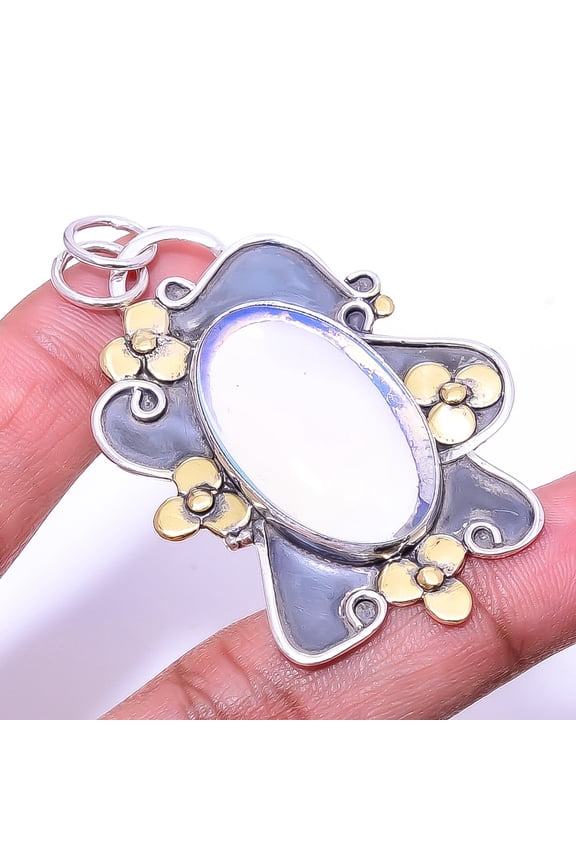 Milky Opal Oxidised Two Tone Designer 925 Sterling Silver Pendant 2.34" P71
