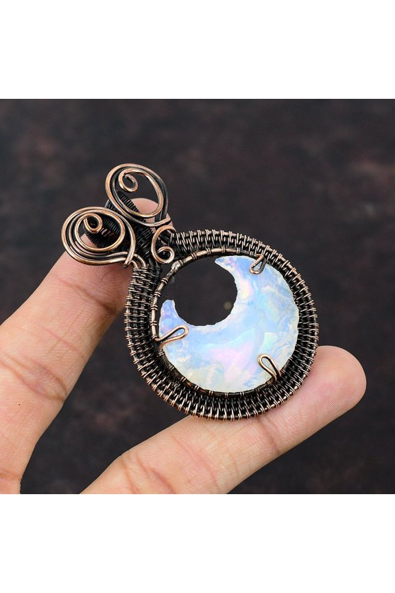 Milky Opal Rough Copper Gift For Mother Wire Wrapped Crescent Moon Pendant 2.56"