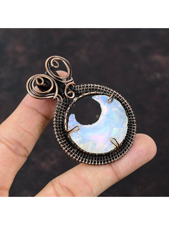 Milky Opal Rough Copper Gift For Mother Wire Wrapped Crescent Moon Pendant 2.56"