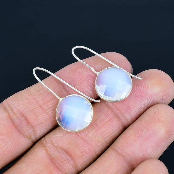 Milky Opal Round Gemstone Gift 925 Sterling Silver Jewelry Earrings 1.3" PG 5242