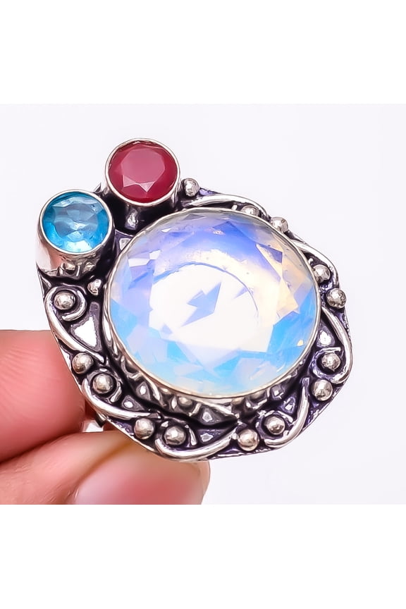 Milky Opal & Ruby 925 Sterling Silver Jewelry Ring s.7.5 F2658, Gemstone Silver Jewelry, New Year Sale, Valentin's Day Gift