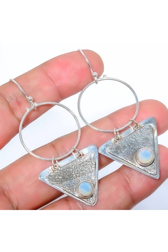 Milky Opal Sand Paper Textured 925 Sterling Silver Earring 2.42" T93, Christmas Gift, Gemstone Silver Jewelry, Opal Earring, New Year Sale