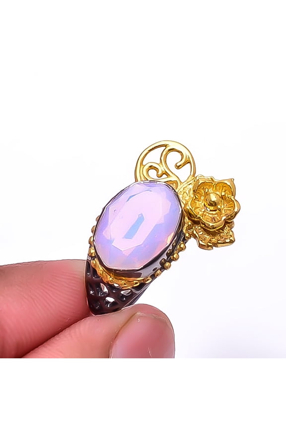 Milky Pink Opal Black And Gold Plated 925 Sterling Silver Ring s.8, Pink Opal Ring R_8038_308_7, New Year Sale, Valentin's Day Gift