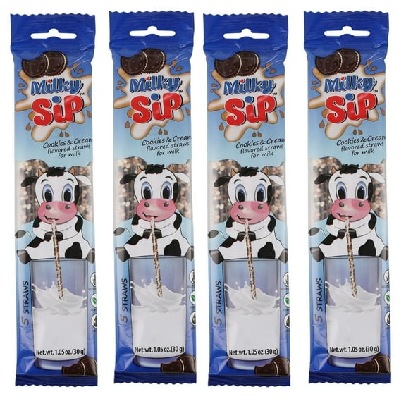 Milky Sip Magical Milk Straws - 4 Packs of 5 Pcs Each Cookies and Cream Flavored Straws For Milk, 20 Milk Flavoring Straws for Kids. Makes Children Want and Love to Drink Milk
