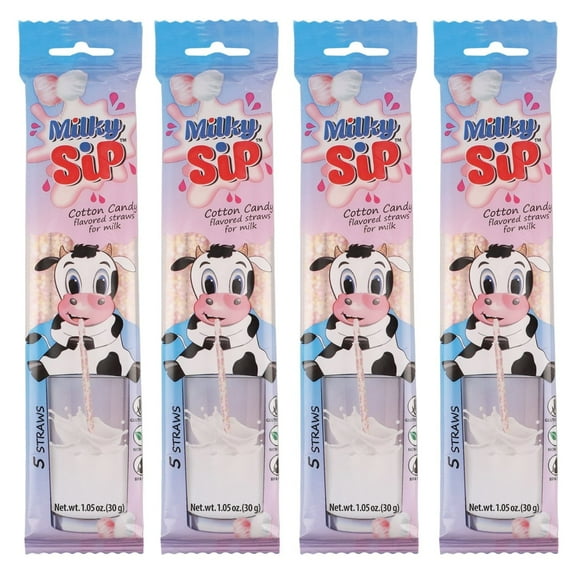 Milky Sip Magical Milk Straws - 4 Packs of 5 Pcs Each Cotton Candy Flavored Straws For Milk, 20 Milk Flavoring Straws for Kids. Makes Children Want and Love to Drink Milk