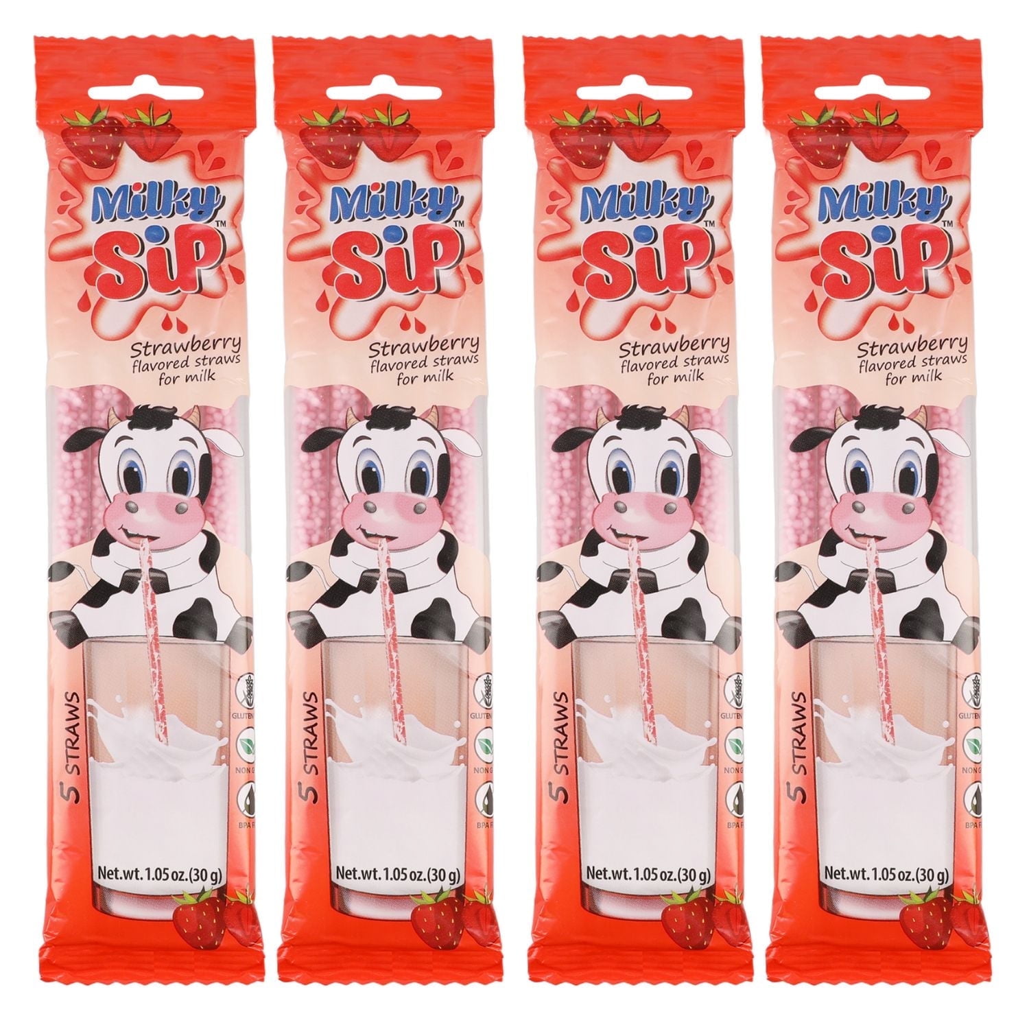 Milky Sip Magical Milk Straws - 4 Packs of 5 Pcs Each Strawberry Flavored Straws For Milk, 20 Milk Flavoring Straws for Kids. Makes Children Want and Love to Drink Milk