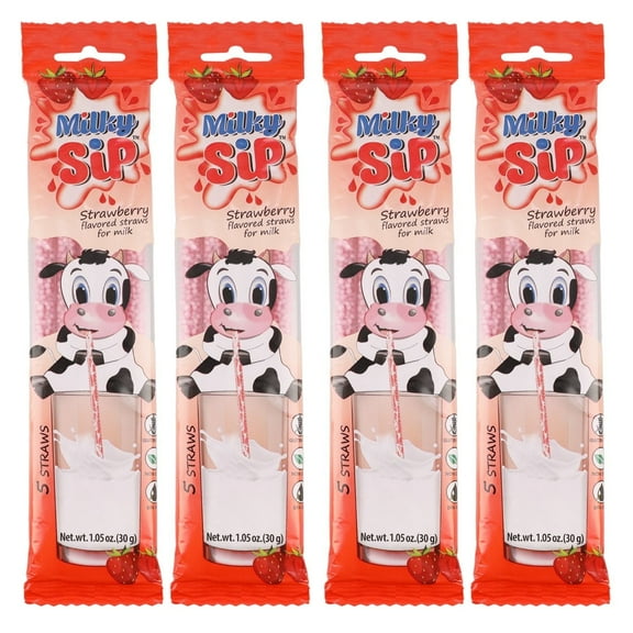 Milky Sip Magical Milk Straws - 4 Packs of 5 Pcs Each Strawberry Flavored Straws For Milk, 20 Milk Flavoring Straws for Kids. Makes Children Want and Love to Drink Milk