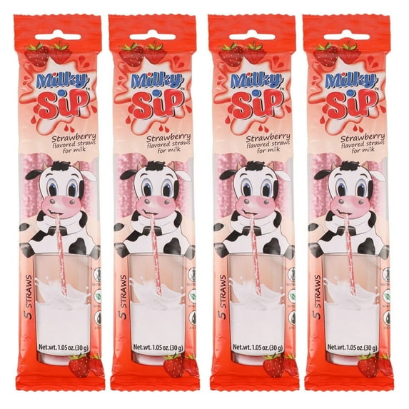 Milky Sip Magical Milk Straws - 4 Packs of 5 Pcs Each Strawberry Flavored Straws For Milk, 20 Milk Flavoring Straws for Kids. Makes Children Want and Love to Drink Milk