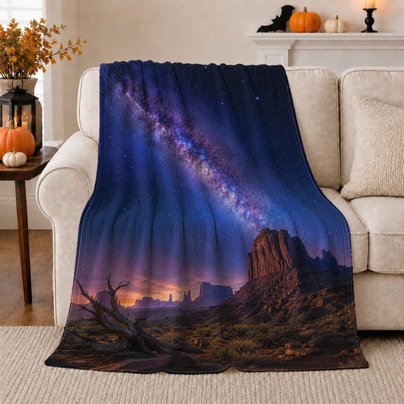 Milky Way over Desert Buttes and Night Horizon, Mystical Southwest Landscape for Stargazers, Housewarming Gift, Cozy Flannel Blanket for Cabin and Guest Room, Rustic Home Decor