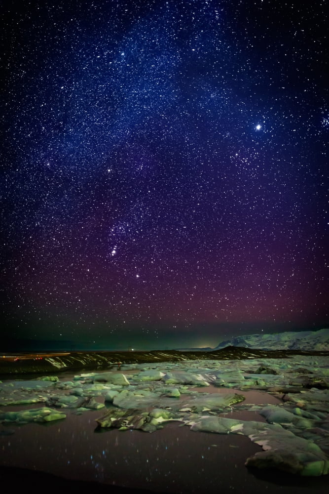 Milky Way Galaxy with Aurora Borealis Auroras and the milky way over icebergs in the Jokulsarlon Breidamerkurjokull Vatnajokull Ice Cap Iceland Canvas Art - Panoramic Images (27 x 9)