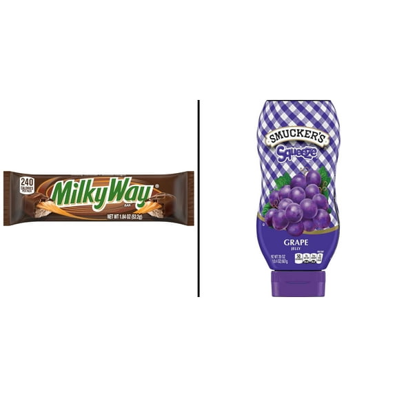 Milky Way Milk Chocolate Single Size Candy Bar & Smucker's Squeeze Grape Jelly 20 oz