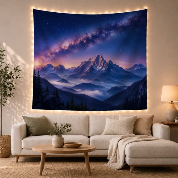 Milky Way Over Peaks and Evergreen Cliffs, Serene Digital Art for Nature Lovers, Alpine Sky Decor, Housewarming Gift, Tapestry Wall Hanging for Bedroom, Study Room and Dorm